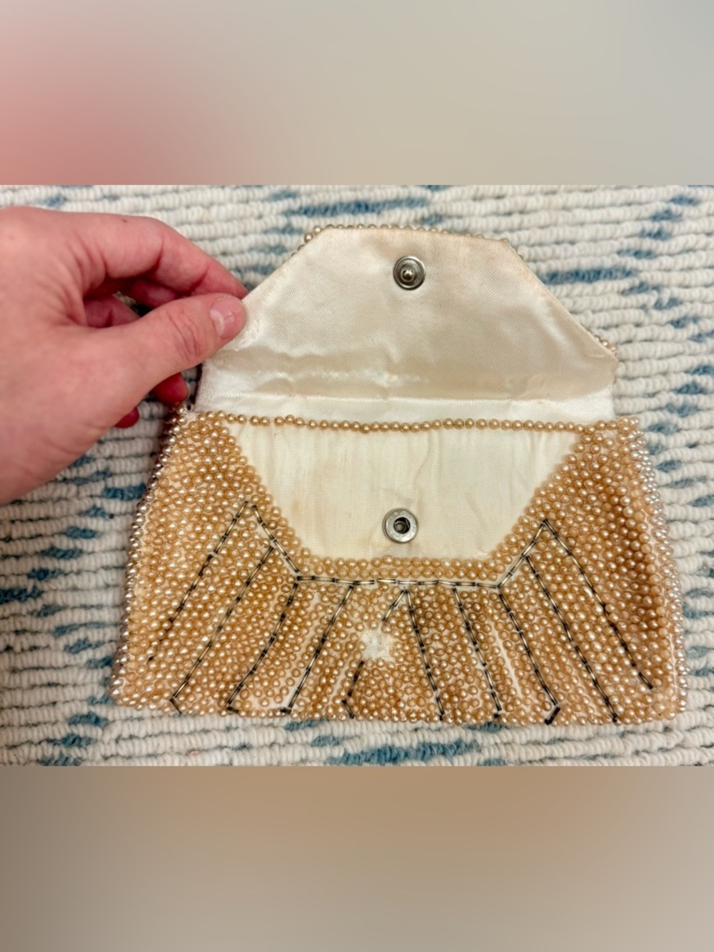 RICCI Vintage 50’s/60’s Creamy Faux Pearl Chevron Beaded Envelope Clutch Purse - Picture 11 of 16